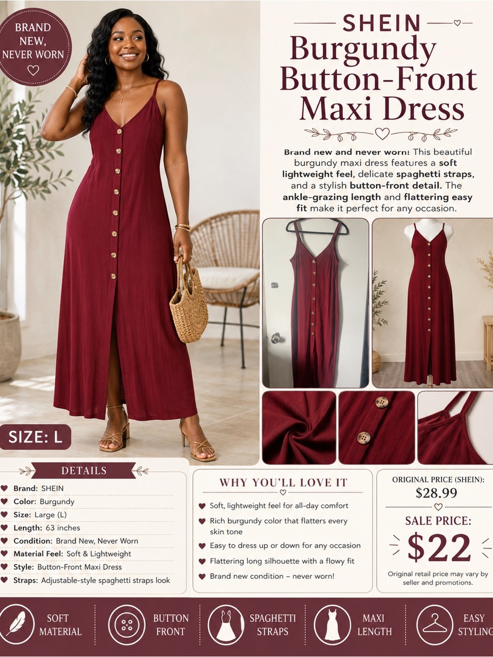 SHEIN Burgundy Button-Front Maxi Dress